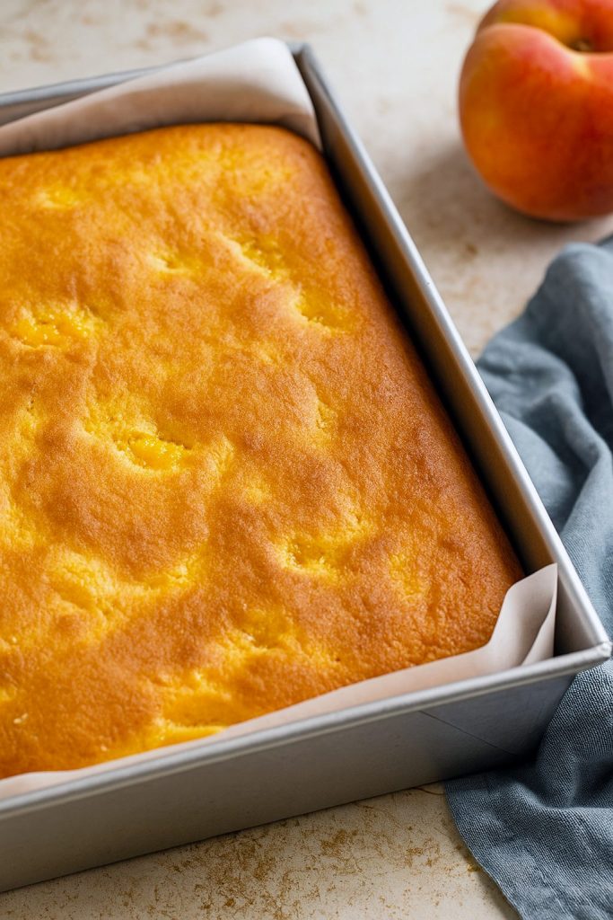 Slice of moist Peach Cake topped with rich brown sugar icing, loaded with Brown Sugar Peaches, and perfect for fans of Peach Cake Recipes and summery Peach Desserts. A must-try Peach Recipe and nostalgic USA Food favorite.