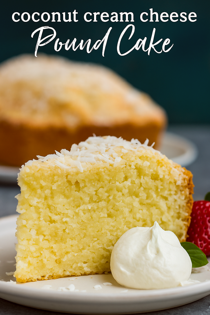 A golden, dense coconut cream cheese pound cake loaf dusted with powdered sugar, served on a rustic wooden board with fresh berries—showcasing a classic Coconut Cake Recipe, perfect as Coconut Desserts, Loaf Cake, Dessert Aux Fruits, Monkey Bread inspiration, and top Köstliche Desserts and Coconut Pound Cakes in any Coconut Recipes collection.