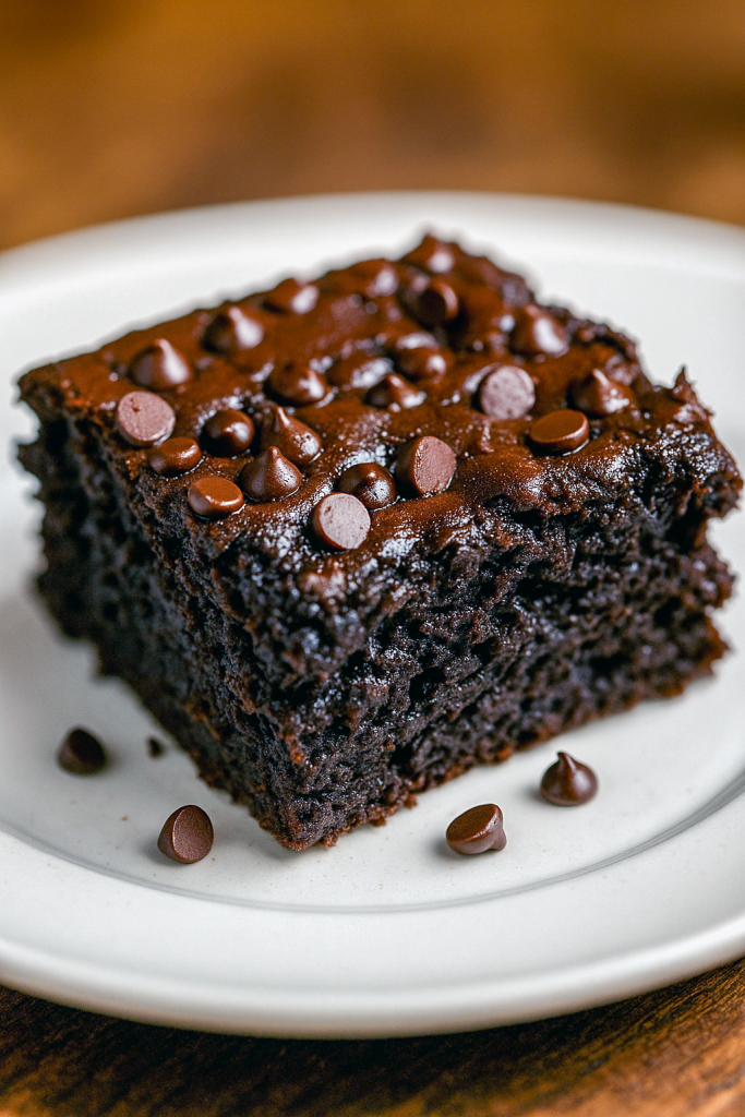 A warm, fudgy chocolate slab in a glass baking dish dotted with melted chocolate chips, showing the rich texture of a dump cake fresh from the oven.