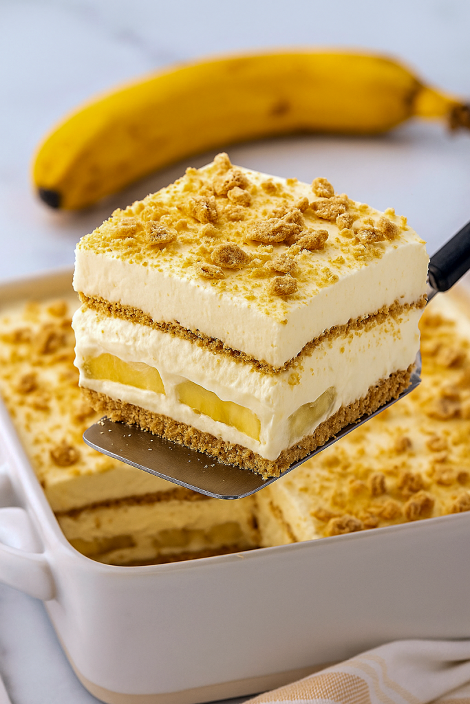 A decadent tray of layered Banana Lush dessert featuring creamy banana‑pudding filling between graham cracker sheets, topped with crushed crumbs, showcasing a luscious Banana Pudding Lush perfect as a No Bake Banana Cream Dessert or Banana Lasagna for a crowd.
