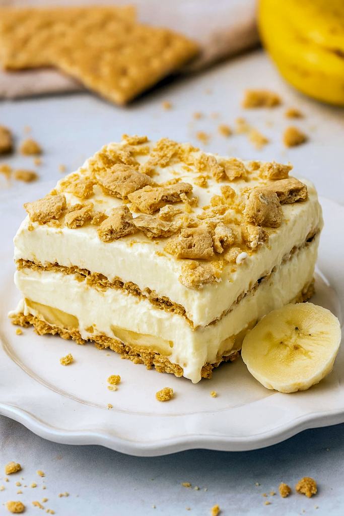 A decadent tray of layered Banana Lush dessert featuring creamy banana‑pudding filling between graham cracker sheets, topped with crushed crumbs, showcasing a luscious Banana Pudding Lush perfect as a No Bake Banana Cream Dessert or Banana Lasagna for a crowd.