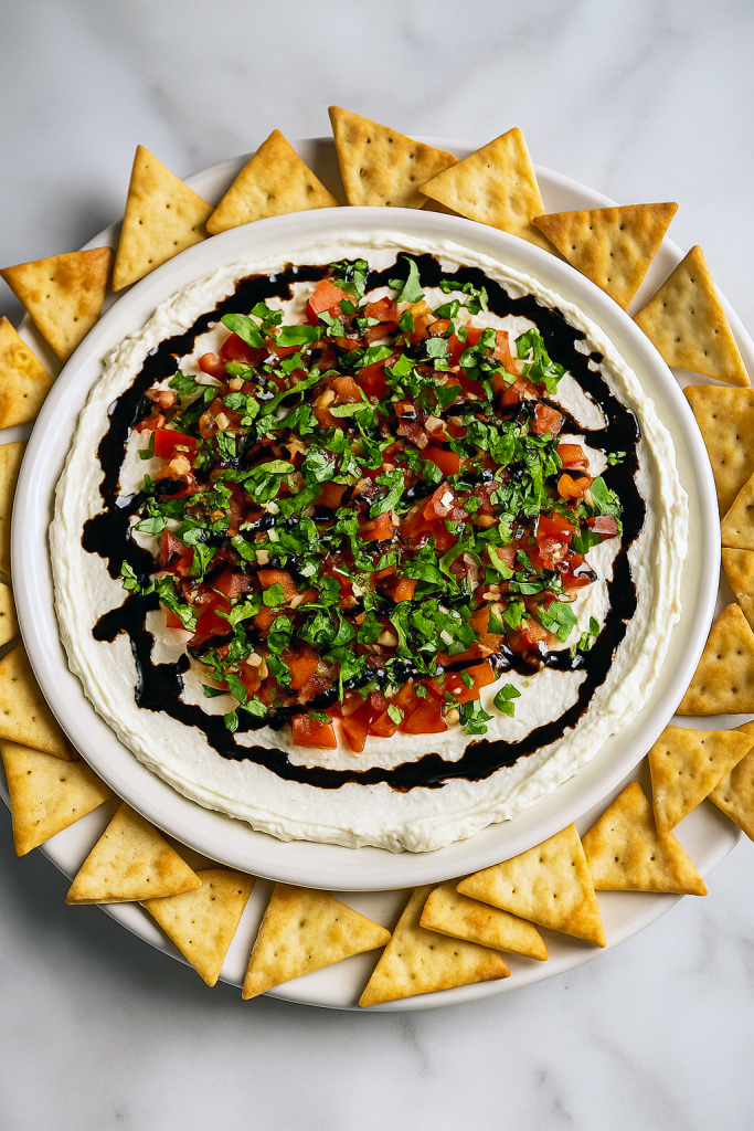 A white platter layered with creamy herbed cheese, diced tomatoes, torn basil leaves, and drizzled balsamic glaze, surrounded by pita chips—an Easy App Recipes darling that’s also great as Low Salt Appetizer Recipes for Ladies Meeting Food Ideas.