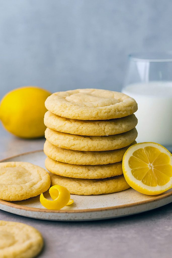 Stack of lemon cookies on a white plate with crinkled tops and golden edges, showing the texture of soft lemon sugar cookies and sparkle of lemon sugar, perfect for any cookie monster craving chewy lemon sugar cookies or quick lemon crinkle cookies from cake mix easy style treats.