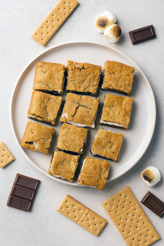 Close-up of broken s’mores cookie bars showcasing a golden graham cracker crust, marshmallow crème center, and melted chocolate, perfect for S’mores Dessert, Fall Bbq Desserts, S’mores Bites, Super Bowl Dessert Ideas, Smore Recipes, Cookie Bar Recipes, Yummy Sweets, Salty Snacks, and top Sweet Snacks Recipes.