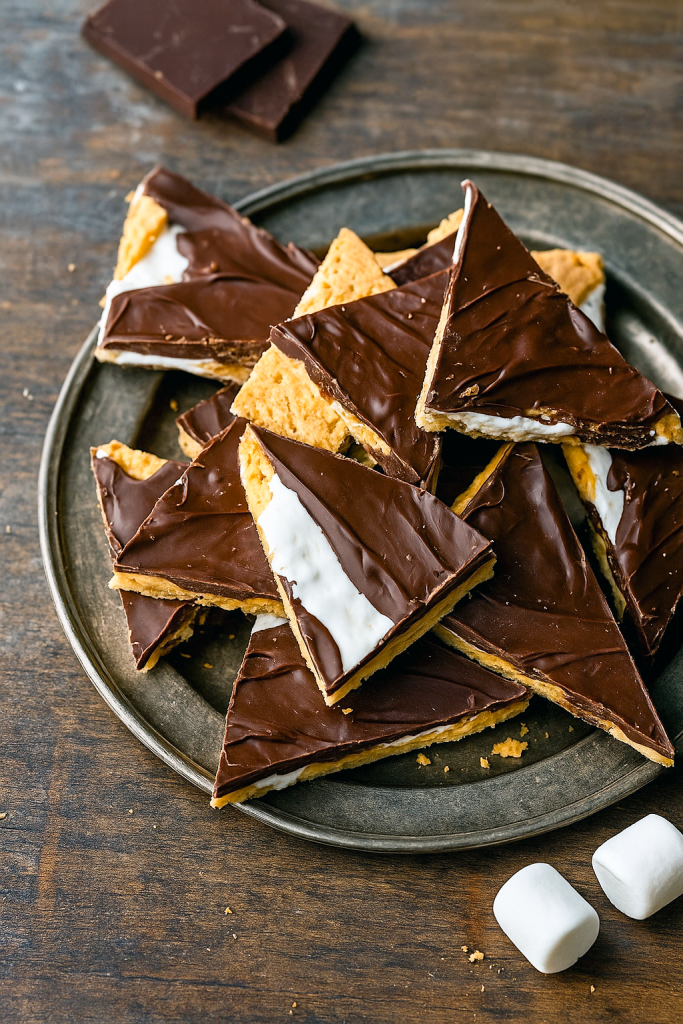 Irregular shards of s’mores bark studded with mini marshmallows, crushed graham crackers, and chocolate flakes on parchment, showcasing a no‑bake treat perfect for sweet snacking.