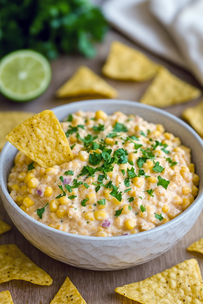 Overhead shot of a colorful bowl of creamy corn dip topped with chopped cilantro and jalapeño slices, surrounded by tortilla chips and crisp veggie sticks.