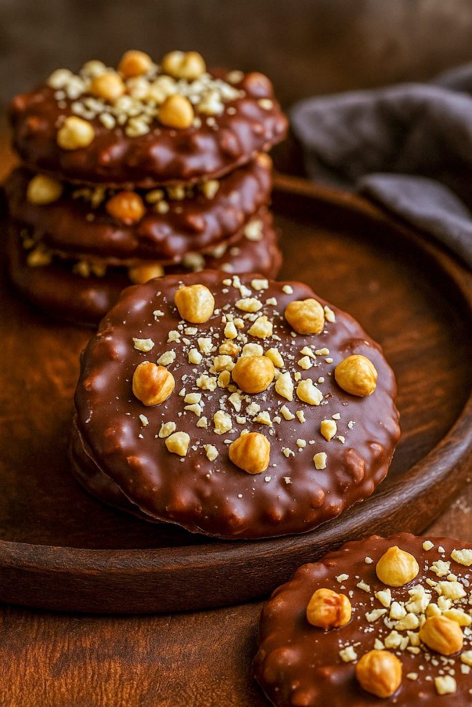 A stack of golden-brown Cookies For Parties coated in glossy chocolate and feuilletine flakes, evoking the cozy crunch of Chocolate Toast.