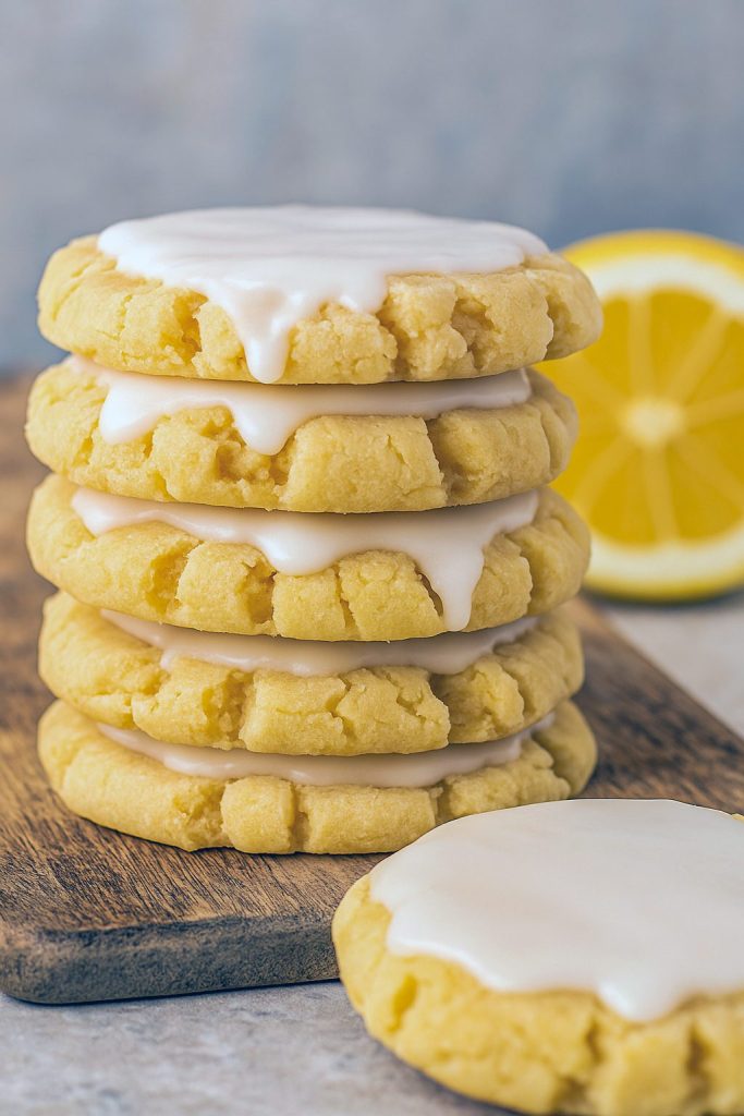 Close-up of Lemon Cookies With Icing, topped with a glossy homemade glaze, made from simple Easy Lemon Baking Ingredients – a soft and chewy Sugar Lemon Cookies style dessert perfect for spring.