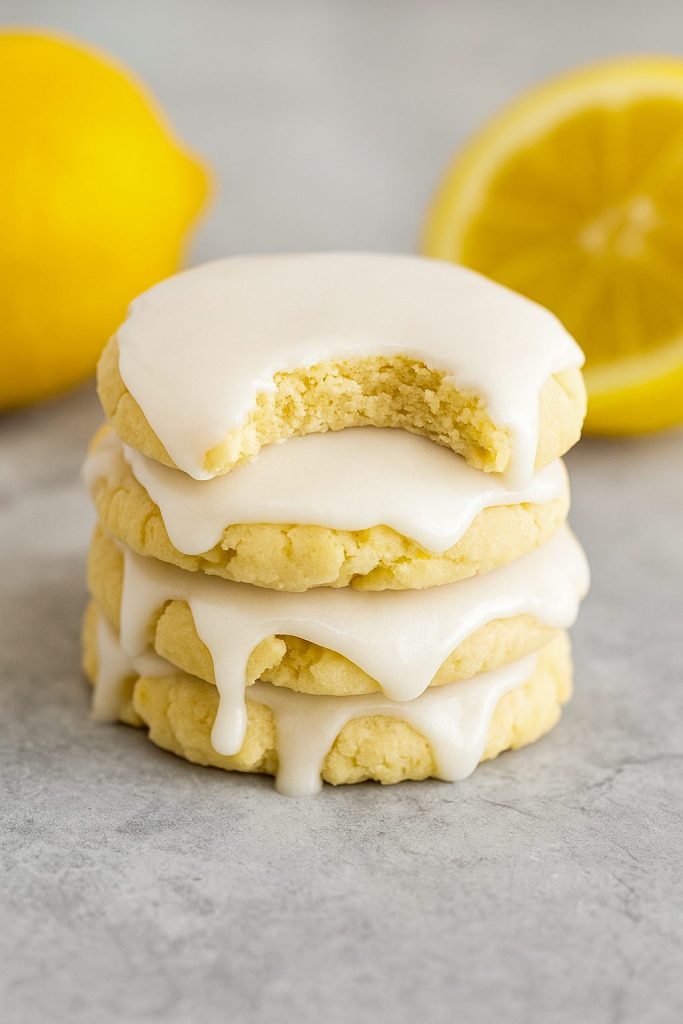 Close-up of Lemon Cookies With Icing, topped with a glossy homemade glaze, made from simple Easy Lemon Baking Ingredients – a soft and chewy Sugar Lemon Cookies style dessert perfect for spring.