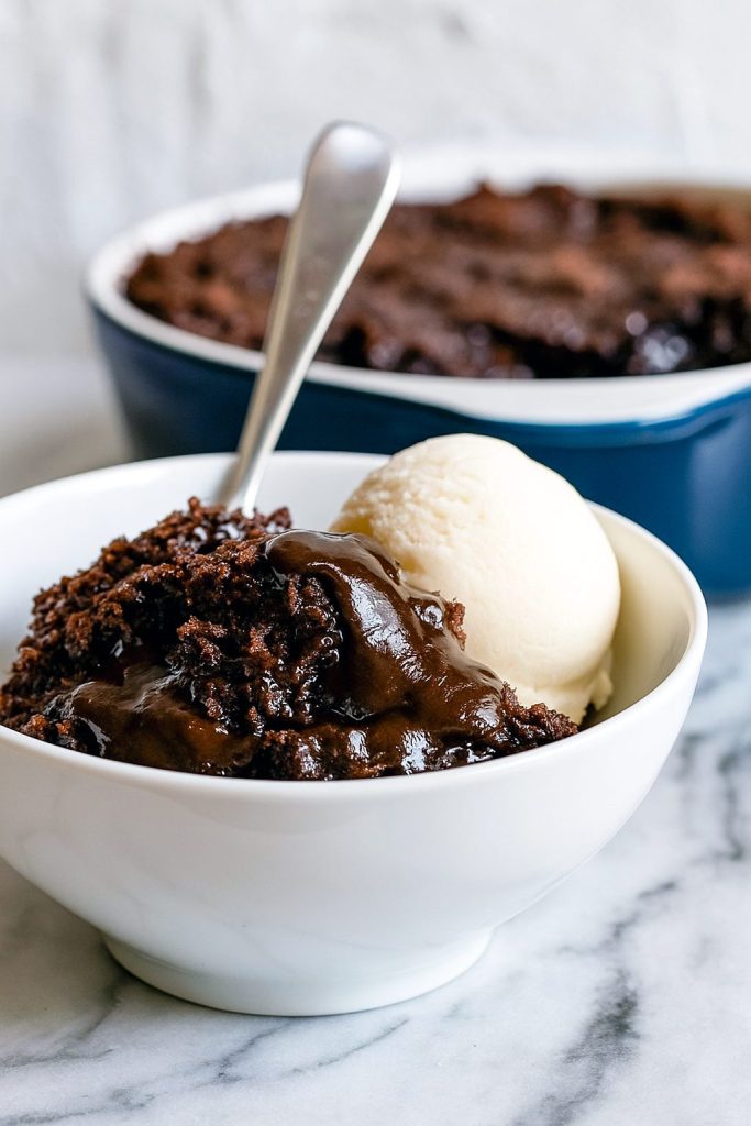 Close-up of a slice of gooey Hot Fudge Cake oozing sauce, garnished with toasted marshmallows and chocolate chunks for a cozy Smores Dessert twist, with a dollop of whipped cream and a hint of Coconut Dessert flair.