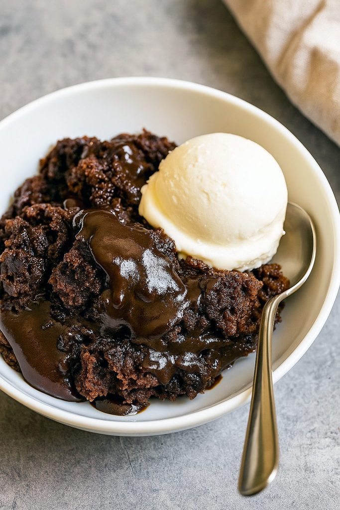 Close-up of a slice of gooey Hot Fudge Cake oozing sauce, garnished with toasted marshmallows and chocolate chunks for a cozy Smores Dessert twist, with a dollop of whipped cream and a hint of Coconut Dessert flair.