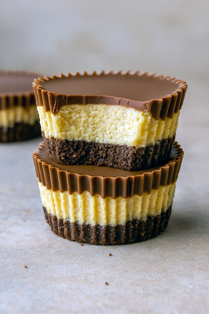A close‑up of a single mini cheesecake in a cupcake liner, showcasing a chocolate graham cracker crust, creamy peanut butter filling, and a shiny chocolate drizzle on top.