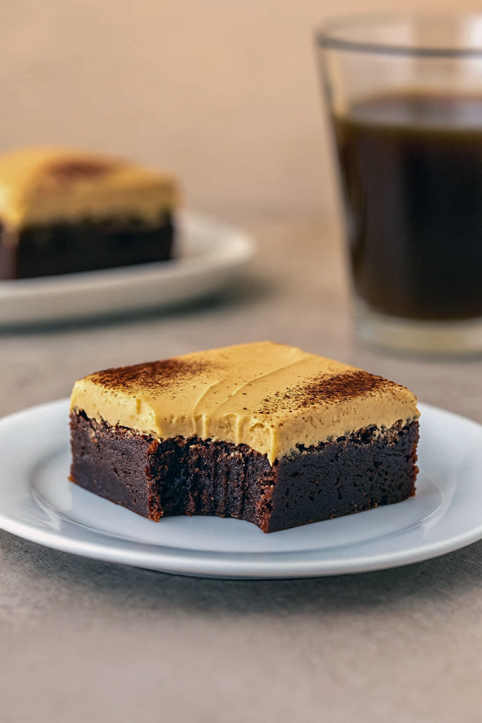 A square mocha brownie topped with café‑latte frosting and marshmallow swirls, set against a rustic wooden backdrop.