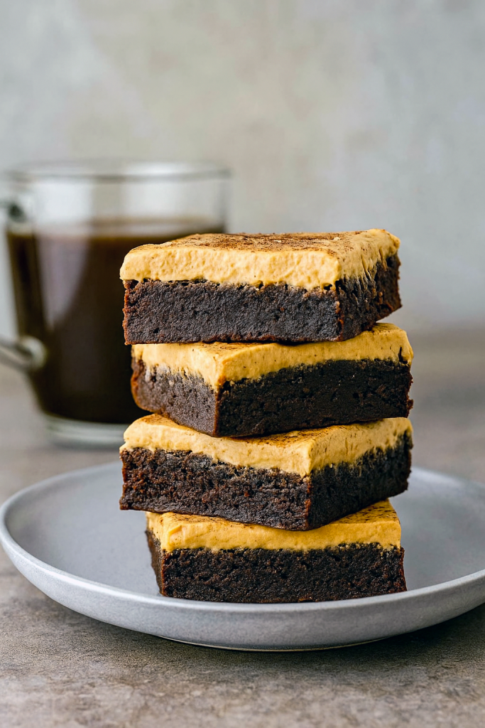 A square mocha brownie topped with café‑latte frosting and marshmallow swirls, set against a rustic wooden backdrop.