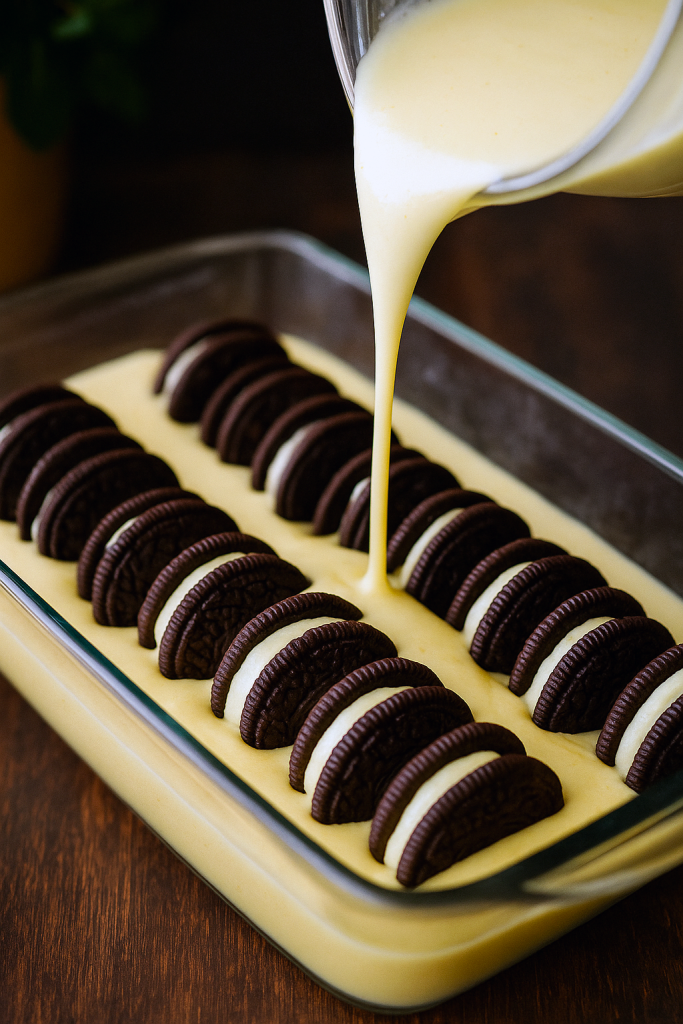 Overhead shot of a bubbly, golden-top Oreo dump cake in a 9×13 pan with melting butter dots, showcasing layers of cookies and cake mix—ideal for Cakes With Oreos fans, recognized among top Choc Dump Cake Recipes, and a standout in the world of 9 X13 Desserts.