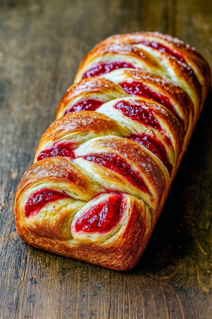 A sliced brioche loaf showing bright raspberry swirls against a golden, flaky interior.