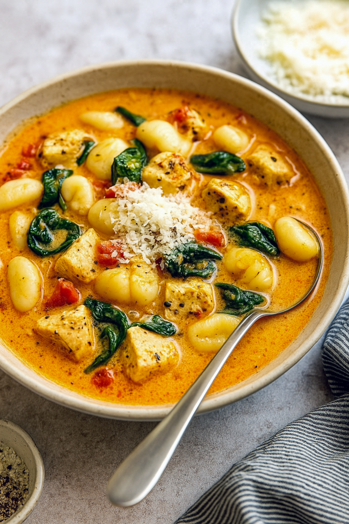 A steaming white bowl filled with rich, creamy chicken soup studded with gnocchi, sun‑dried tomatoes, and spinach, topped with grated Parmesan and served alongside a crusty baguette.