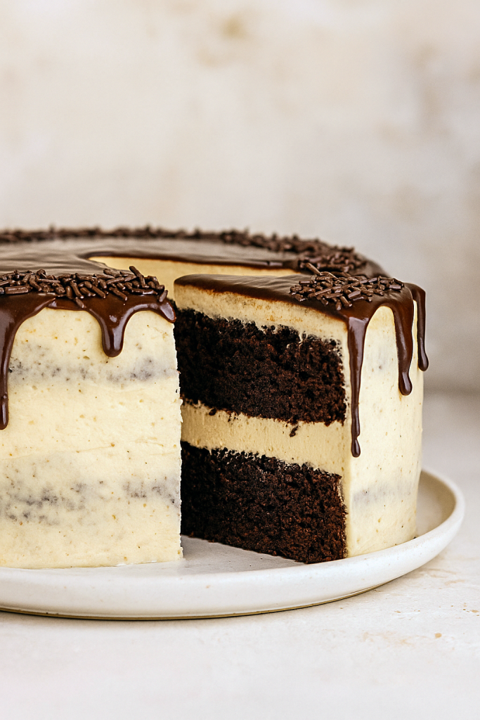 A tall, frosted Guinness Chocolate layer cake on a cake stand, dripping with ganache, decorated with chocolate curls and a swirl of buttercream—showcasing the ultimate Rich Guinness Chocolate Cake for lovers of Irish Desserts, Cocoa Cake, and upscale Birthday Desserts.