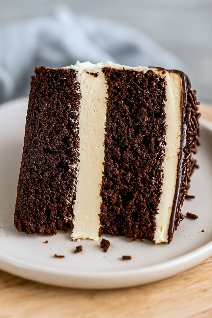 A tall, frosted Guinness Chocolate layer cake on a cake stand, dripping with ganache, decorated with chocolate curls and a swirl of buttercream—showcasing the ultimate Rich Guinness Chocolate Cake for lovers of Irish Desserts, Cocoa Cake, and upscale Birthday Desserts.