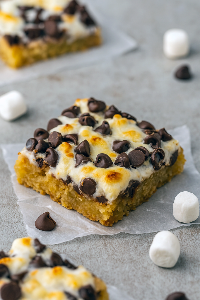 Layered Smores Bars in a pan showcasing gooey chocolate, marshmallows, and cookie layers—ideal Potluck Treats that double as Smores Squares and Bars For Potluck.