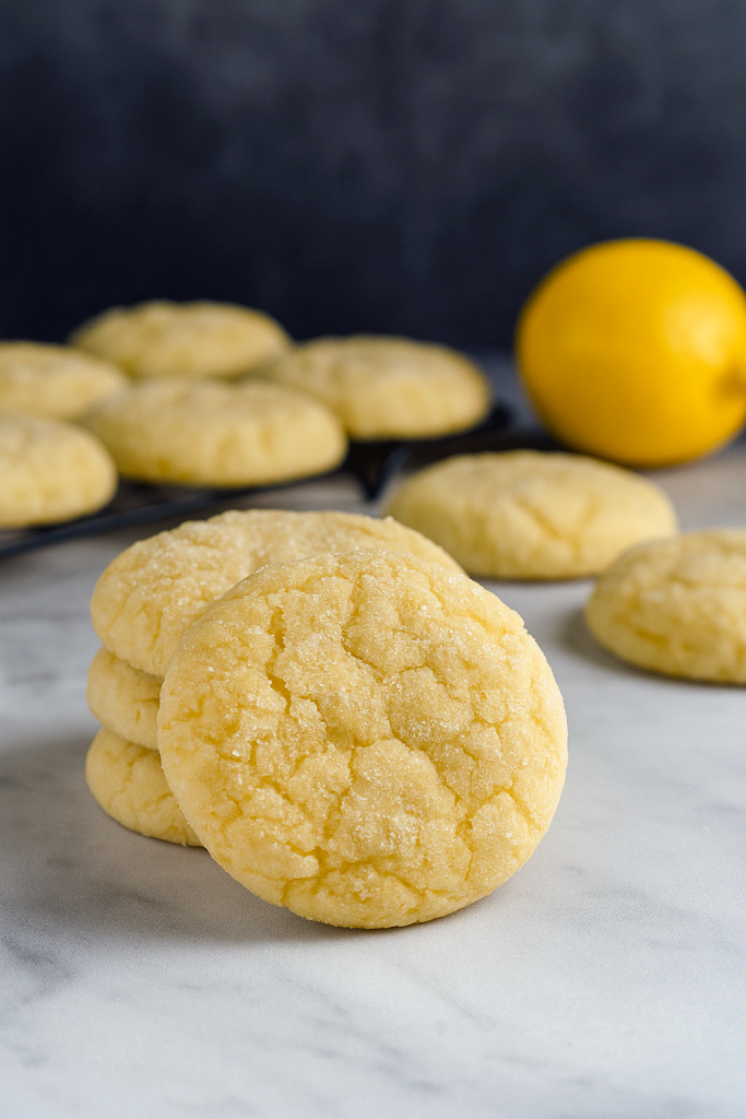 A cooling rack filled with soft, round lemon cookies dusted in lemon sugar, each topped with a light lemon glaze, showcasing a bright yellow hue and fluffy texture.
