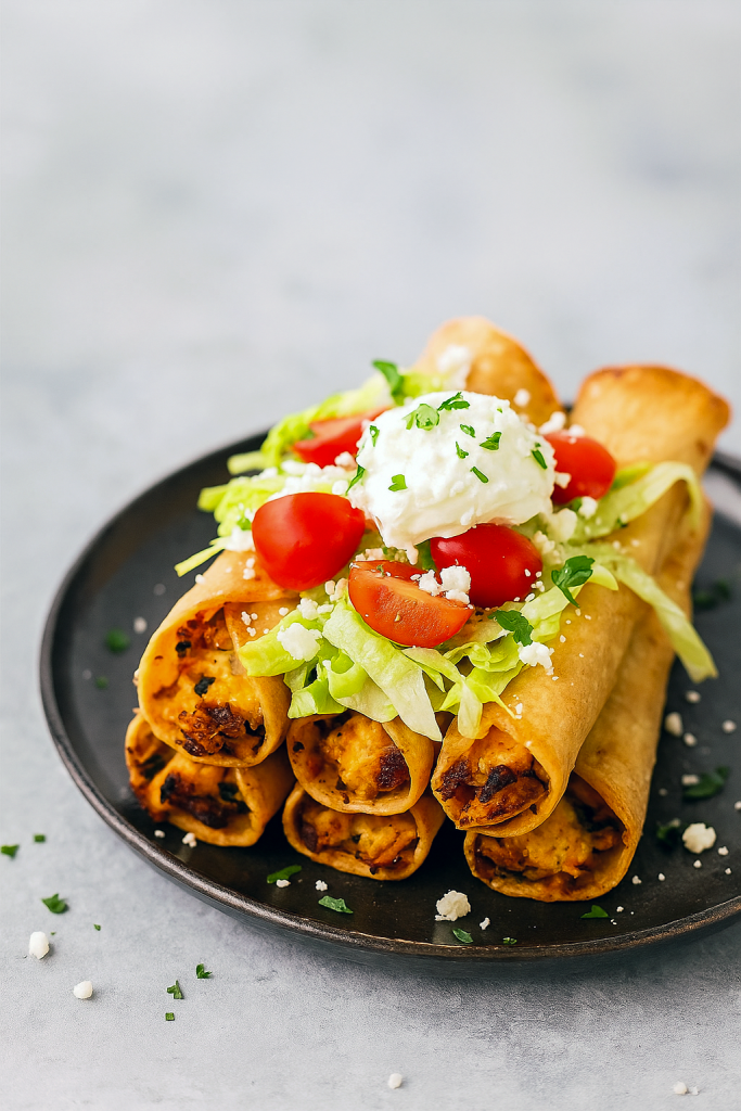 A stack of perfectly fried taquitos filled with creamy chicken and cheese, served alongside a small bowl of salsa for Dip, showcasing a mouthwatering Taquitos Recipe that’s ideal for Appetizer Snacks or Health Dinner Recipes and part of easy Chicken Dishes Recipes and Appetizer Recipes.