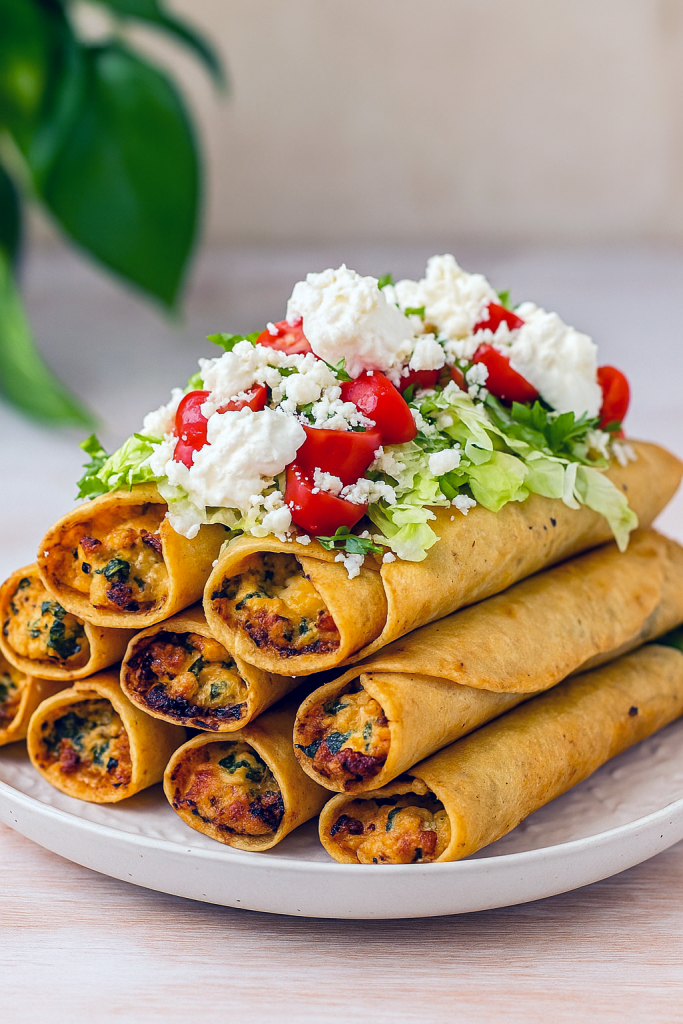 A stack of perfectly fried taquitos filled with creamy chicken and cheese, served alongside a small bowl of salsa for Dip, showcasing a mouthwatering Taquitos Recipe that’s ideal for Appetizer Snacks or Health Dinner Recipes and part of easy Chicken Dishes Recipes and Appetizer Recipes.