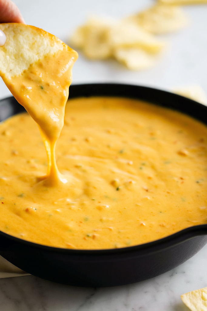 A bowl of creamy Tex Mex Queso Dip topped with cilantro and diced tomatoes, surrounded by crispy tortilla chips.