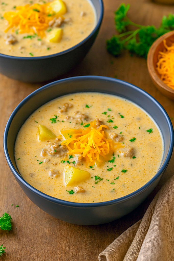 A steaming bowl of creamy potato soup topped with shredded cheddar and parsley, showcasing a rich base of ground beef and diced potatoes.