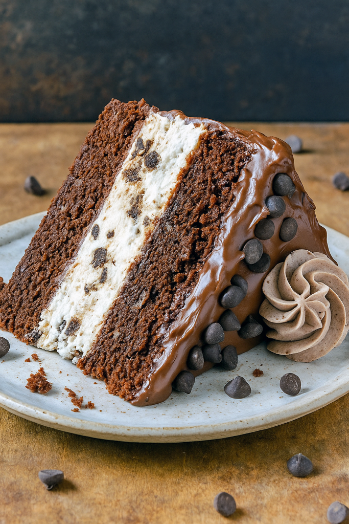 Two-tiered chocolate cake filled with Oreo cheesecake layers and glossed with ganache—Oreo Cheesecake Chocolate Cake.