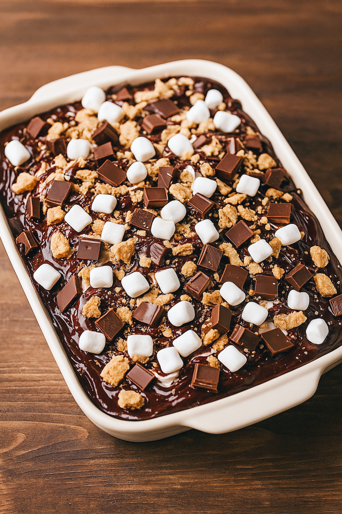 A 9×9 pan filled with layered no‑bake dessert, showing alternating stripes of chocolate pudding, peanut butter filling, and marshmallow cream topped with mini marshmallows and chocolate chips—an irresistible S’mores Lasagna Dessert, also described as Peanut Butter S'mores Cake, No Bake Chocolate Peanut Butter Lasagna, Reese’s Chocolate Peanut Butter Cup Lasagna, and even Peanut Butter Cookie Lasagna, perfect for No Bake Summer Desserts, S'mores, Baking Sweets, and Yummy Sweets.