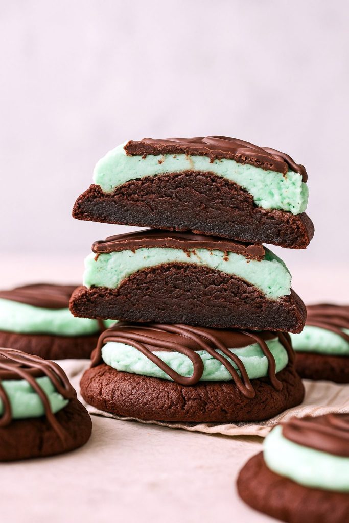 Row of glossy chocolate-mint cookies arranged on a tray, showcasing vibrant green frosting—an Easy At Home Baking Recipes choice that doubles as Green Desserts Easy and ideal for St Patrick's Day Baking or any festive gathering of St Patrick’s Treats.