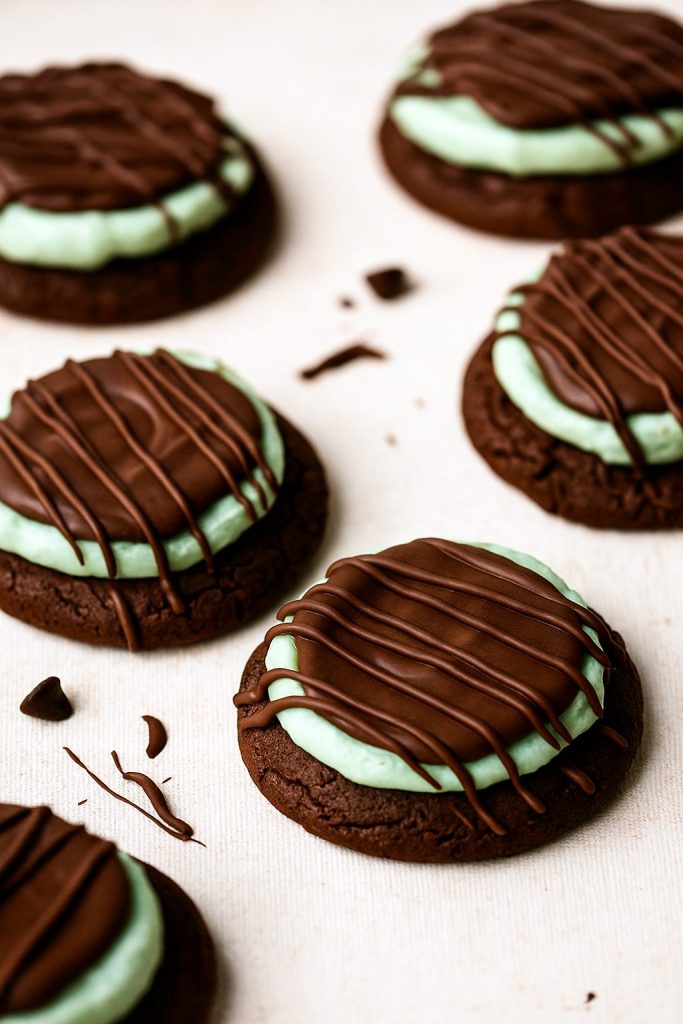 Row of glossy chocolate-mint cookies arranged on a tray, showcasing vibrant green frosting—an Easy At Home Baking Recipes choice that doubles as Green Desserts Easy and ideal for St Patrick's Day Baking or any festive gathering of St Patrick’s Treats.