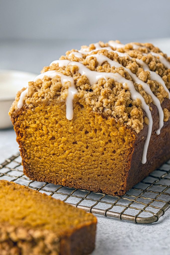 Close-up of a golden loaf of Pumpkin Strudel Bread with a generous Pumpkin Bread Topping, showcasing a Pumpkin Bread With Streusel twist on the classic Pumpkin Strudel.