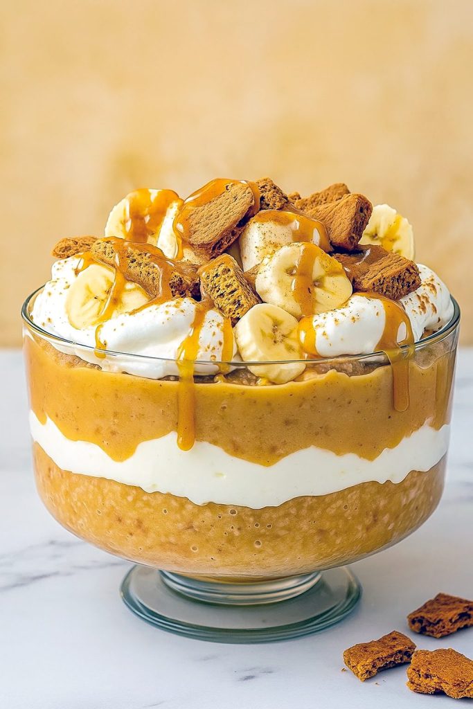 Trifle bowl with alternating layers of creamy vanilla pudding, banana slices, crushed Biscoff cookies and glossy caramel drizzle, topped with cookie crumbs.