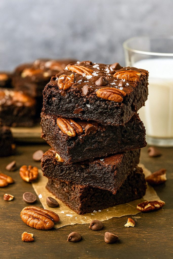 Close-up of fudgy Bourbon Brownies generously studded with toasted Pecan Brownies pieces and a glossy, crackled top.