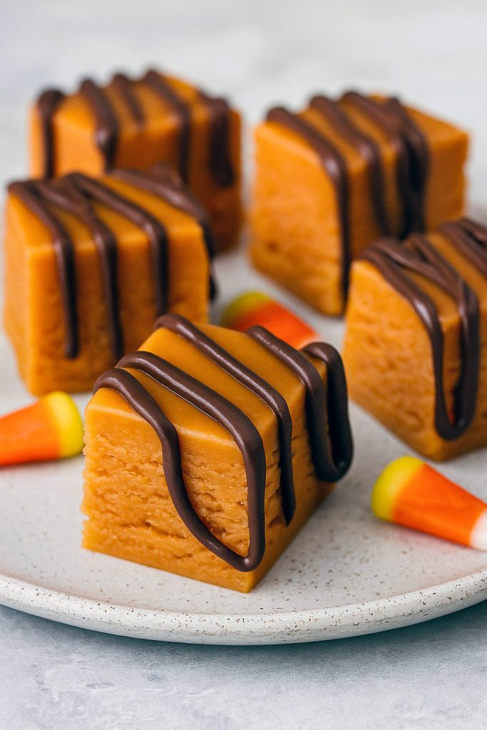 Glossy square pieces of fudge studded with candy corn pieces, arranged on parchment paper and ready to serve.