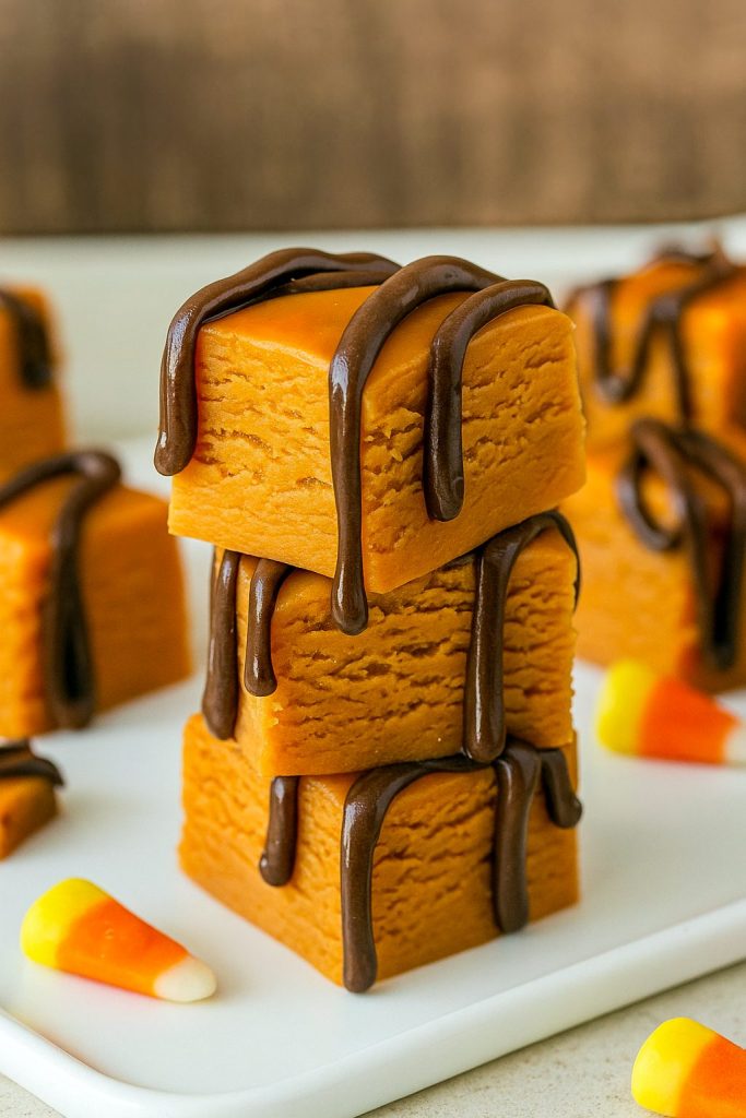 Glossy square pieces of fudge studded with candy corn pieces, arranged on parchment paper and ready to serve.