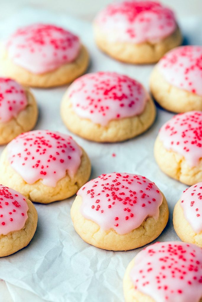 A close-up of soft Cherry Cookies studded with maraschino cherries, showcasing Almond Meal Cookies with a light crinkle texture, ideal for any Cherry Cookies Recipes spread.