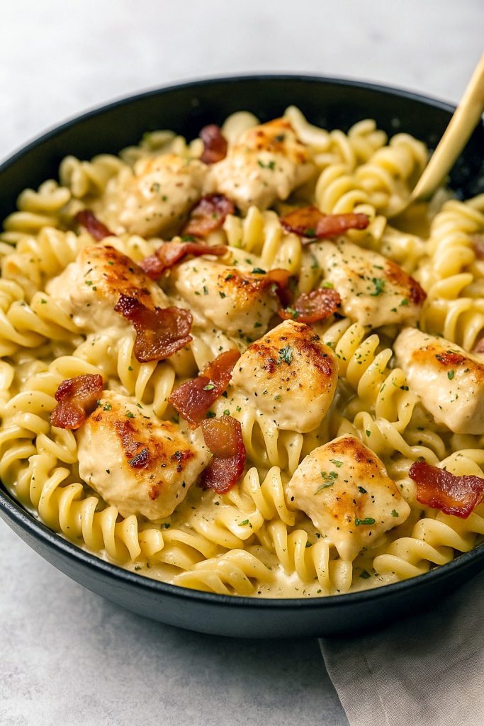 White bowl filled with rotini pasta coated in creamy ranch sauce, topped with grilled chicken strips and crispy bacon bits.