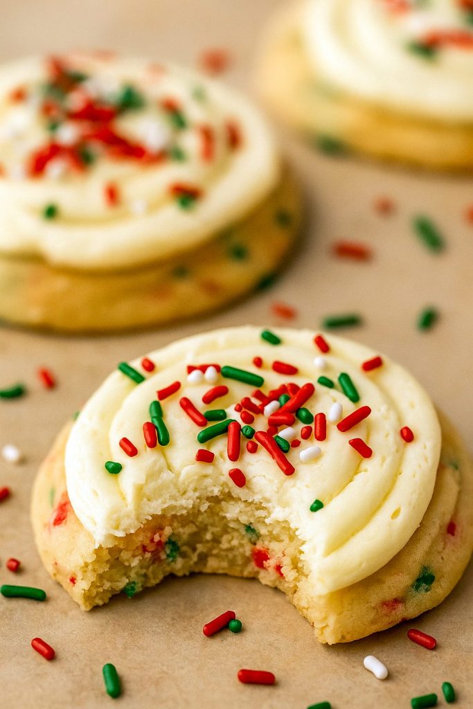 Festive stack of soft, round cake batter cookies generously coated in red, green, and white sprinkles, each topped with a swirl of buttery frosting, arranged on a holiday-themed plate.