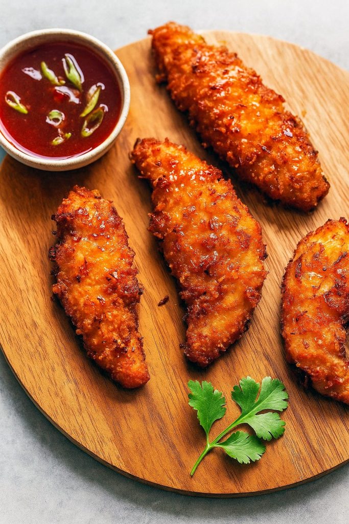 Close-up of crispy chicken strips coated in coconut and panko, perfect for Baked Coconut Chicken- Two Ways, showcasing an Idee Pasto Sano twist on classic Poultry Recipes.