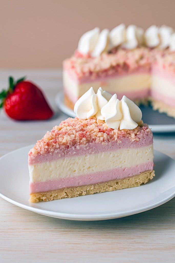 Close-up of a slice of Strawberry Crunch Cheesecake Cake, layered with creamy filling and crunchy topping, resembling a perfect Strawberry Crunch Crumble Recipe in bar form—a stunning take on Dessert Recipes Cheesecake. The vibrant pink layers highlight the irresistible Strawberry Crunch Cheesecake Bars ready to tempt every sweet tooth.