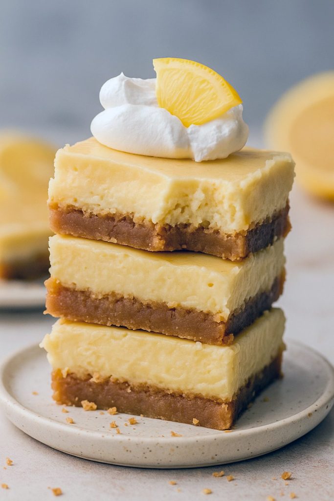 Stack of chilled lemon cheesecake bars with a golden graham crust and glossy lemon glaze—this Lemon Cheesecake Dessert looks like one of The Best Lemon Desserts, styled as portable Baked Bars Desserts and inspired by Lemon Sopapilla Cheesecake. The cut shows the creamy Lemon Cheesecake Filling, perfect for fans of Desserts With Lemon Juice, Fresh Lemon Recipes Desserts, and classic Lemon And Cream Cheese Recipes, like a bright Lemon Bar Cheesecake.
