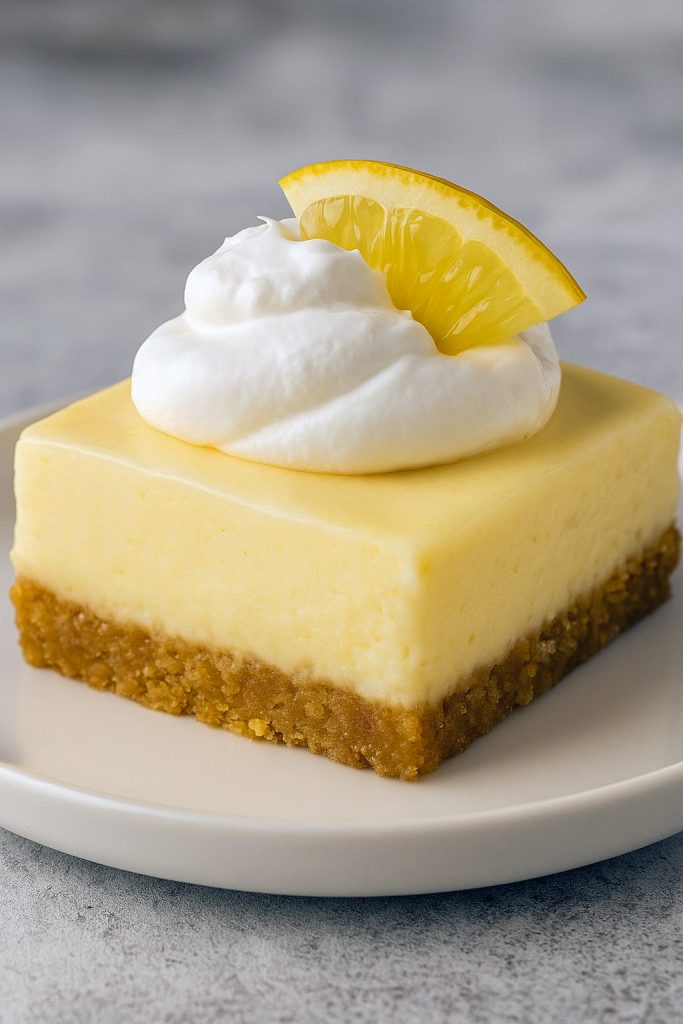 Stack of chilled lemon cheesecake bars with a golden graham crust and glossy lemon glaze—this Lemon Cheesecake Dessert looks like one of The Best Lemon Desserts, styled as portable Baked Bars Desserts and inspired by Lemon Sopapilla Cheesecake. The cut shows the creamy Lemon Cheesecake Filling, perfect for fans of Desserts With Lemon Juice, Fresh Lemon Recipes Desserts, and classic Lemon And Cream Cheese Recipes, like a bright Lemon Bar Cheesecake.