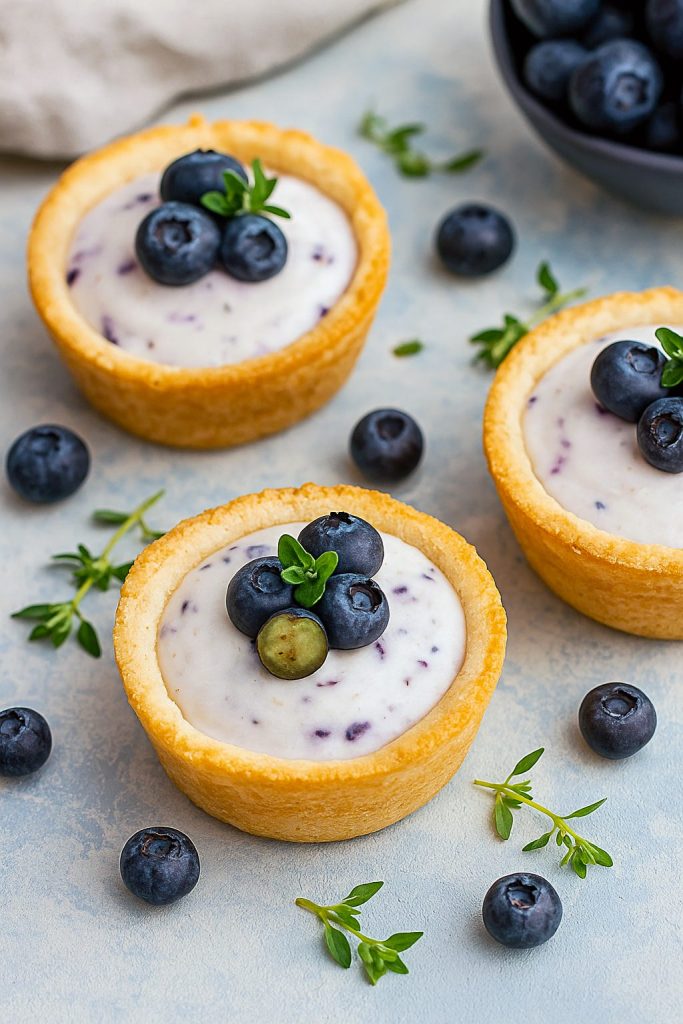 Close-up of Blueberry Cheesecake Cookie Cups showing golden cookie cups piped with creamy cheesecake filling and topped with vibrant blueberry puree, illustrating the Blueberry Cheesecake Cookie Cups Recipe.