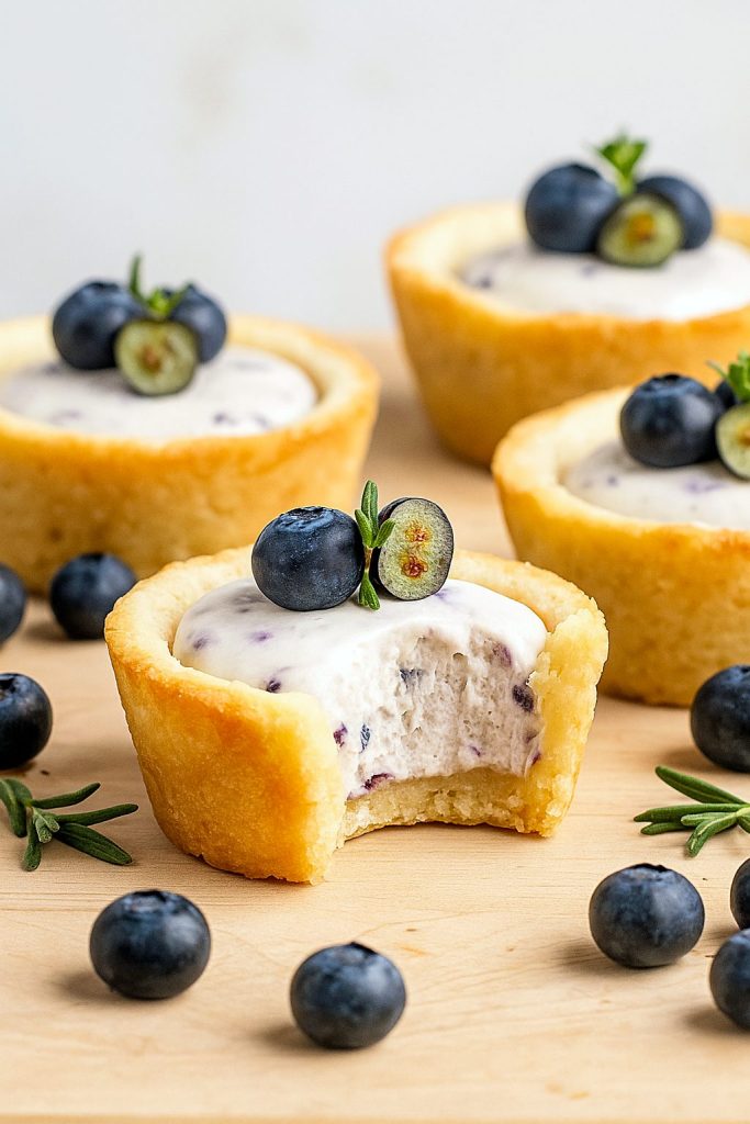 Close-up of Blueberry Cheesecake Cookie Cups showing golden cookie cups piped with creamy cheesecake filling and topped with vibrant blueberry puree, illustrating the Blueberry Cheesecake Cookie Cups Recipe.
