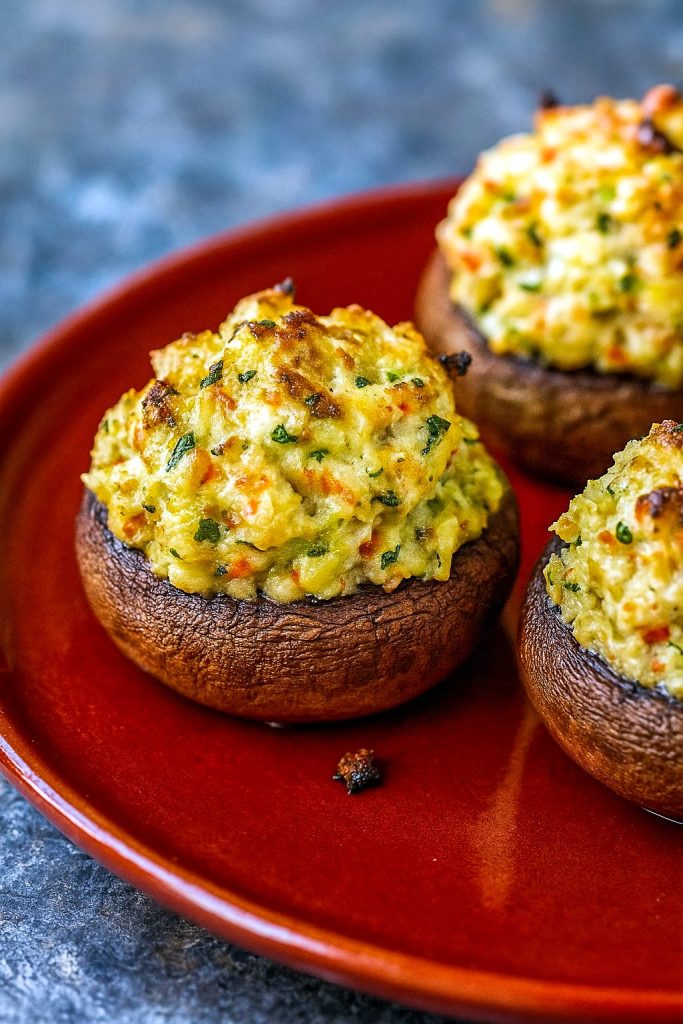 A baking sheet lined with golden-baked Crab Stuffed Mushrooms topped with melted cheese and fresh parsley, showcasing the creamy filling inside each mushroom cap.