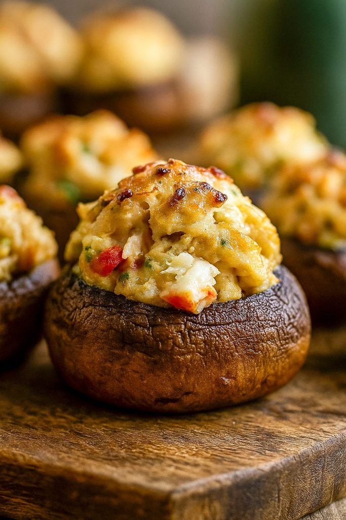 A baking sheet lined with golden-baked Crab Stuffed Mushrooms topped with melted cheese and fresh parsley, showcasing the creamy filling inside each mushroom cap.