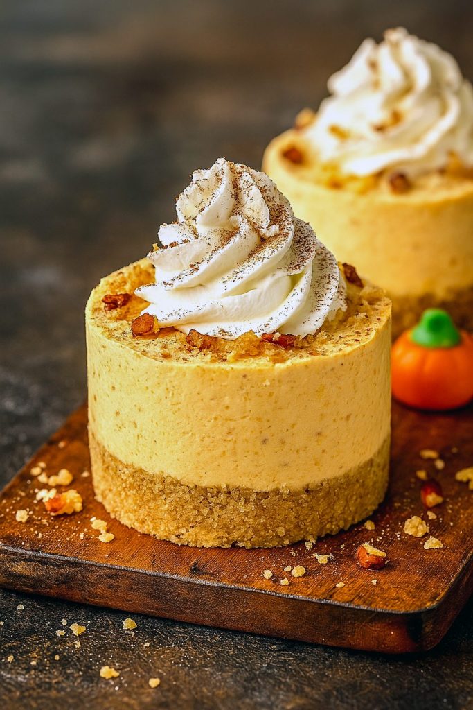 A row of mini no-bake pumpkin cheesecakes in paper cups, each showcasing creamy layers of Non Bake Pumpkin Cheesecake and Pumpkin Pie Cheesecake No Bake filling on a golden graham base, perfect for Easy Fall Deserts For A Party, Pumpkin Cheesecake For Two, Halloween Desserts No Bake, Thanksgiving Recipes Baking, Mexican Food Recipes Easy Dessert, and all your Fall Recipes Dessert Halloween cravings.